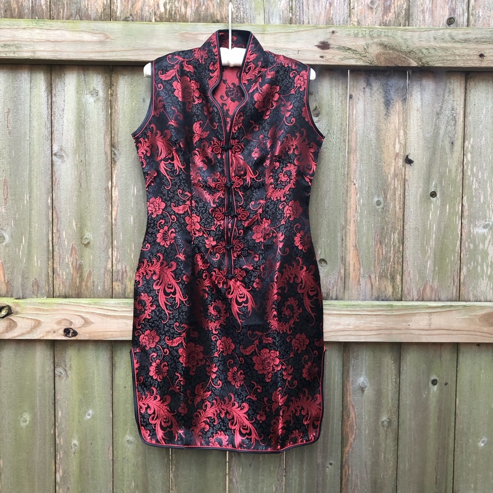 Red & Black Cheongsam Mini Dress Jacquard Side Slits Frog Toggle Size M